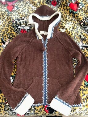 Next Era Brown Wool Hooded Knit Zip up Sweater with Cream Trim and Blue Accents